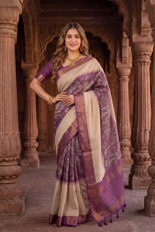 Soft_Tussar_Silk_sarees_with_Beautiful_Digital_Print_With_Attractive_Checks_Design_Saree_And_Digital_Print_Blouse_With_Tassels
