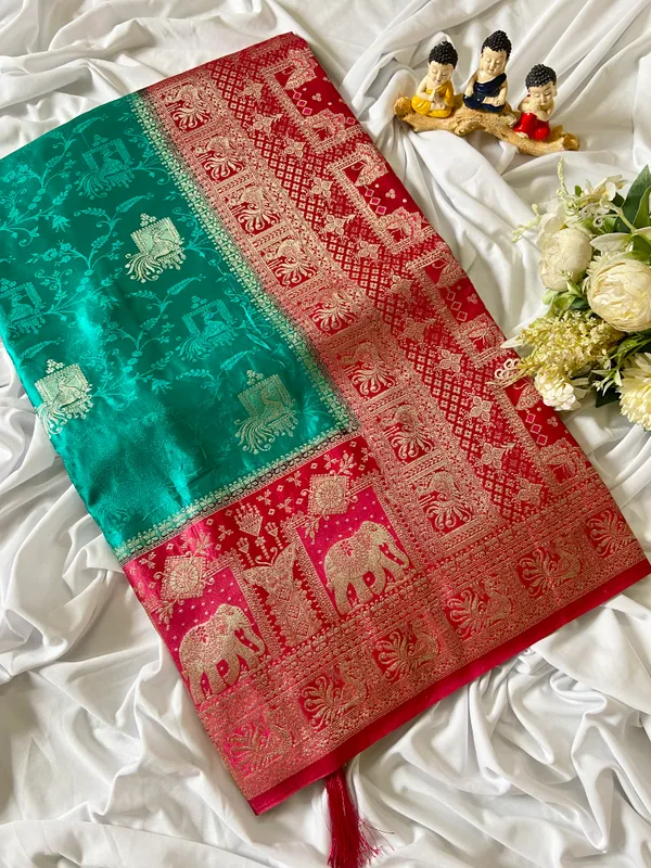 Banarasi_Pure_Satin_Silk_sarees_with_Beautiful_Elephant_in_Contrast_Pink-Rama_Shades_With_Attractive_Weaving_Gold_Zari_Design_And_Contrast_Blouse_With_Tassels