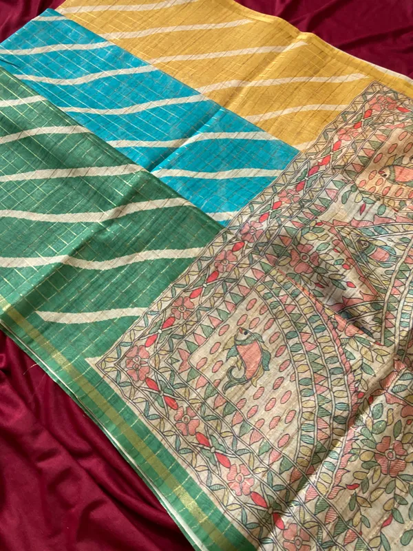 Soft_Semi_Tussar_Silk_sarees_with_Beautiful_Digital_Print_With_Attractive_Border_And_Contrast_Print_Blouse_With_Tassels