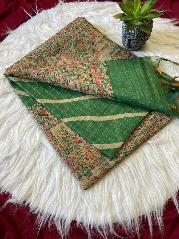 Soft_Semi_Tussar_Silk_sarees_with_Beautiful_Digital_Print_With_Attractive_Border_And_Contrast_Print_Blouse_With_Tassels