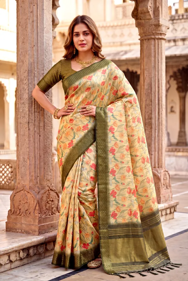 Soft_Tissue_Silk_sarees_with_Beautiful_Digital_Print_With_Attractive_Border_&_Rich_Pallu_With_Sequence_And_Contrast_Print_Blouse_With_Tassels