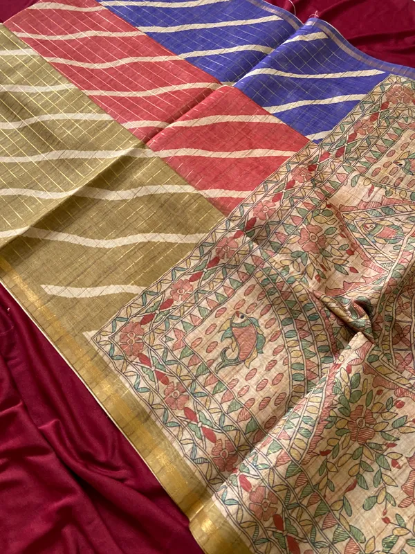 Soft_Semi_Tussar_Silk_sarees_with_Beautiful_Digital_Print_With_Attractive_Border_And_Contrast_Print_Blouse_With_Tassels