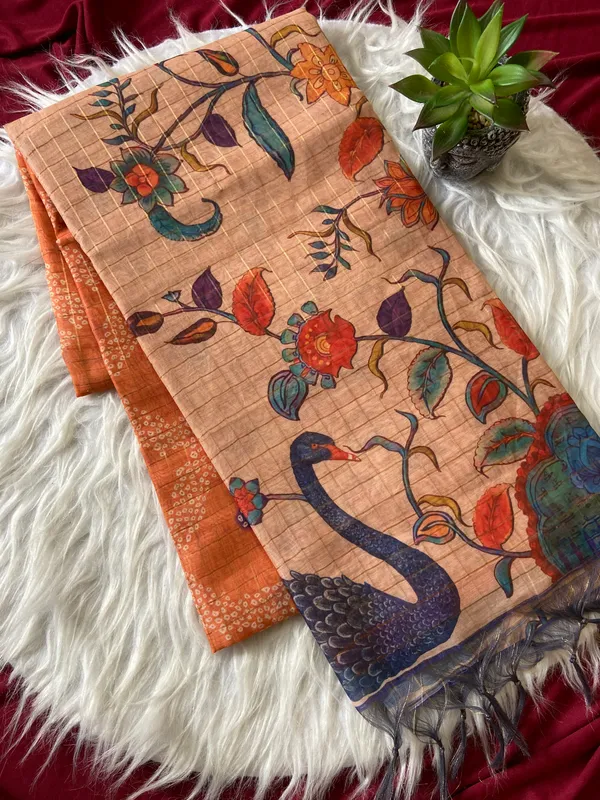 Soft_Tussar_Silk_sarees_with_Beautiful_Style_Of_Kalamkari_Digital_Print_With_Attractive_Border_And_Contrast_Print_Blouse_With_Tassels
