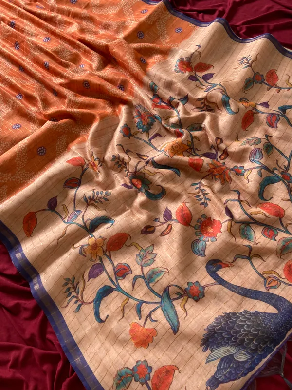 Soft_Tussar_Silk_sarees_with_Beautiful_Style_Of_Kalamkari_Digital_Print_With_Attractive_Border_And_Contrast_Print_Blouse_With_Tassels