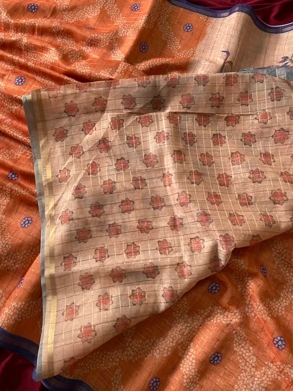 Soft_Tussar_Silk_sarees_with_Beautiful_Style_Of_Kalamkari_Digital_Print_With_Attractive_Border_And_Contrast_Print_Blouse_With_Tassels
