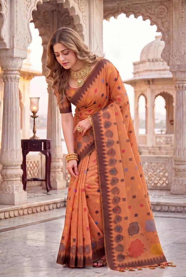 Premium_Soft_Muga_Cotton_sarees_with_Beautiful_Colourfull_3D_Woven_Flower_Design_Pallu_With_Attractive_All_Over_Resham_Weaving_Butti_Design_With_Resham_Weaving_Border_And_Resham_Weaving_Butti_Blouse_With_Fancy_Tassels