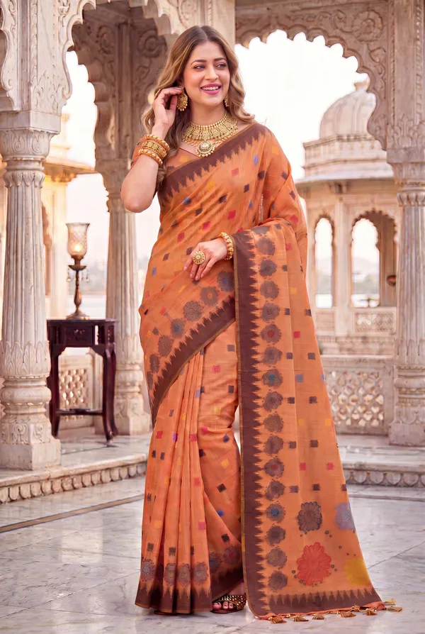 Premium_Soft_Muga_Cotton_sarees_with_Beautiful_Colourfull_3D_Woven_Flower_Design_Pallu_With_Attractive_All_Over_Resham_Weaving_Butti_Design_With_Resham_Weaving_Border_And_Resham_Weaving_Butti_Blouse_With_Fancy_Tassels