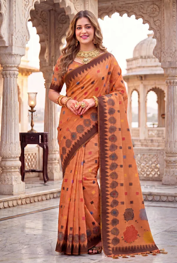 Premium_Soft_Muga_Cotton_sarees_with_Beautiful_Colourfull_3D_Woven_Flower_Design_Pallu_With_Attractive_All_Over_Resham_Weaving_Butti_Design_With_Resham_Weaving_Border_And_Resham_Weaving_Butti_Blouse_With_Fancy_Tassels