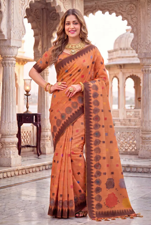 Premium_Soft_Muga_Cotton_sarees_with_Beautiful_Colourfull_3D_Woven_Flower_Design_Pallu_With_Attractive_All_Over_Resham_Weaving_Butti_Design_With_Resham_Weaving_Border_And_Resham_Weaving_Butti_Blouse_With_Fancy_Tassels