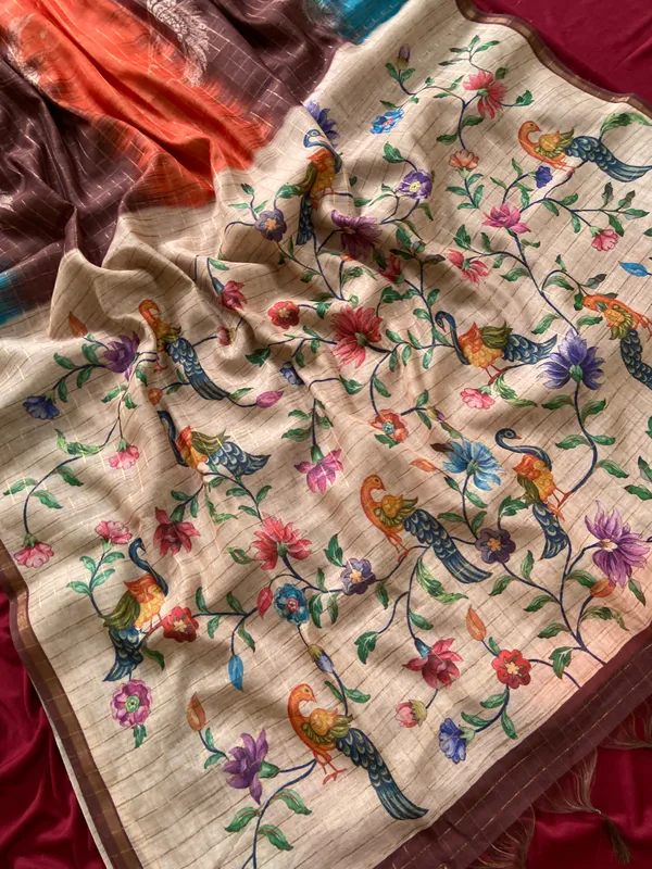 Soft_Tussar_Silk_sarees_with_Beautiful_Style_Of_Kalamkari_Digital_Print_With_Attractive_Border_And_Contrast_Print_Blouse_With_Tassels