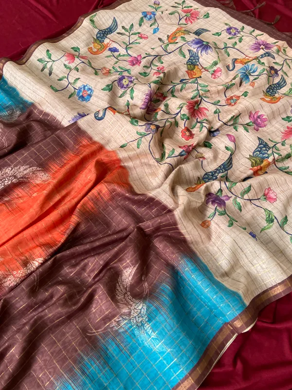 Soft_Tussar_Silk_sarees_with_Beautiful_Style_Of_Kalamkari_Digital_Print_With_Attractive_Border_And_Contrast_Print_Blouse_With_Tassels
