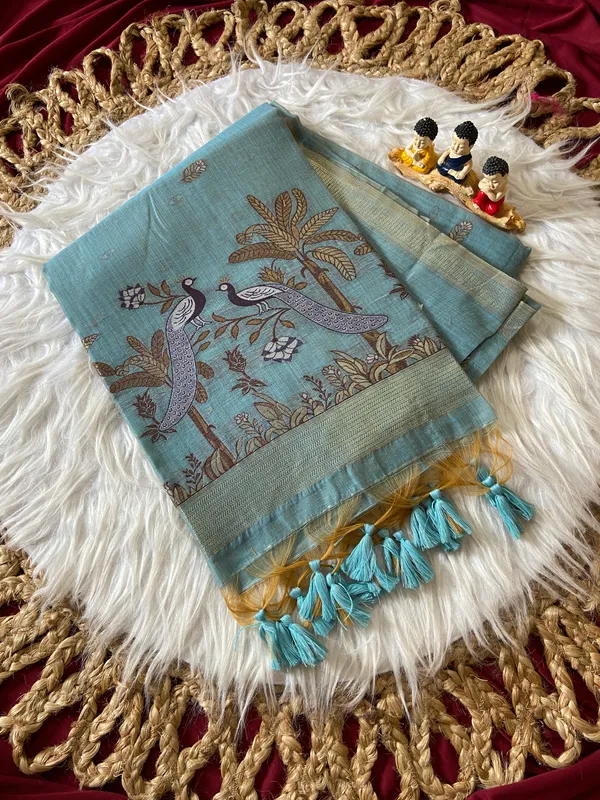 Premium_Soft_Muga_Cotton_sarees_with_Beautiful_Colourfull_Resham_Weaving__Peacock_Design_Pallu_With_Attractive_Traditional_Zari_Weaving__With_All_Over__Resham_Weaving__And_Resham_Weaving_Butti_Blouse_With_Fancy_Tassels