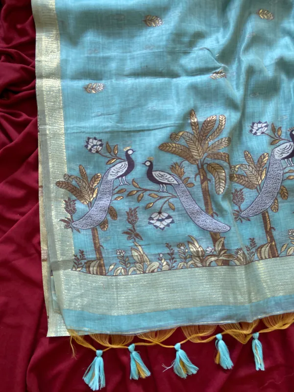 Premium_Soft_Muga_Cotton_sarees_with_Beautiful_Colourfull_Resham_Weaving__Peacock_Design_Pallu_With_Attractive_Traditional_Zari_Weaving__With_All_Over__Resham_Weaving__And_Resham_Weaving_Butti_Blouse_With_Fancy_Tassels