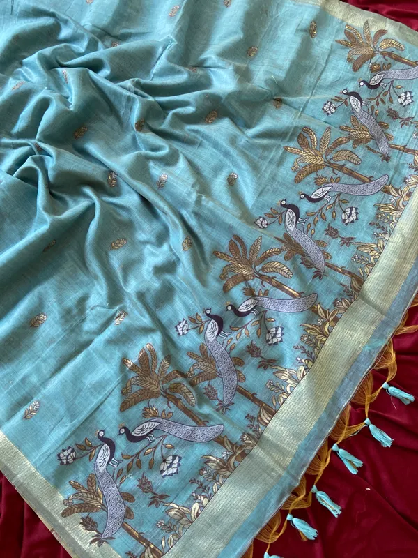Premium_Soft_Muga_Cotton_sarees_with_Beautiful_Colourfull_Resham_Weaving__Peacock_Design_Pallu_With_Attractive_Traditional_Zari_Weaving__With_All_Over__Resham_Weaving__And_Resham_Weaving_Butti_Blouse_With_Fancy_Tassels