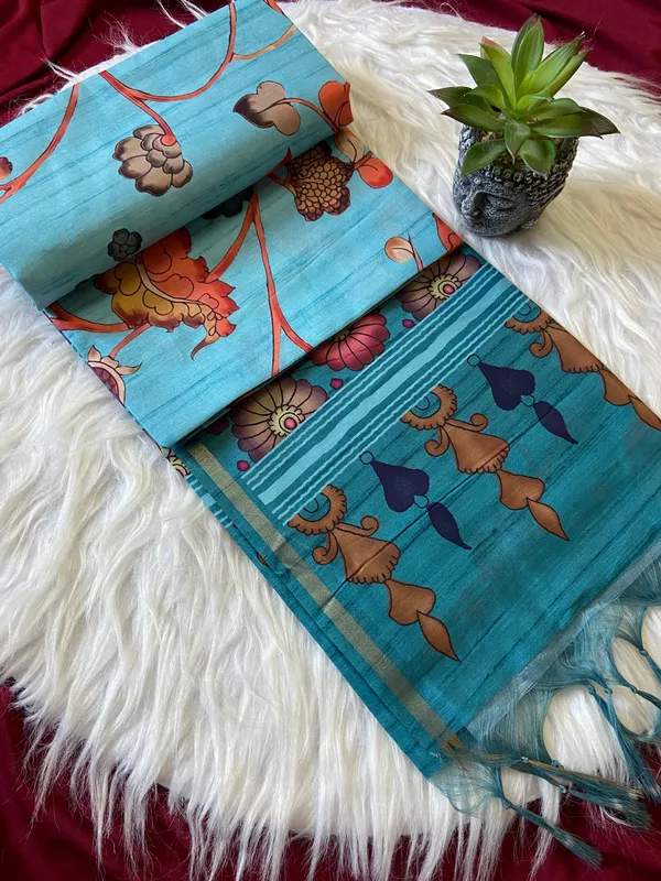 Soft_Tussar_Silk_sarees_with_Beautiful_Digital_Print_With_Attractive_Border_And_Contrast_Print_Blouse_With_Tassels