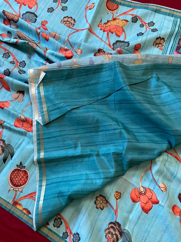 Soft_Tussar_Silk_sarees_with_Beautiful_Digital_Print_With_Attractive_Border_And_Contrast_Print_Blouse_With_Tassels