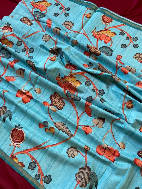 Soft_Tussar_Silk_sarees_with_Beautiful_Digital_Print_With_Attractive_Border_And_Contrast_Print_Blouse_With_Tassels