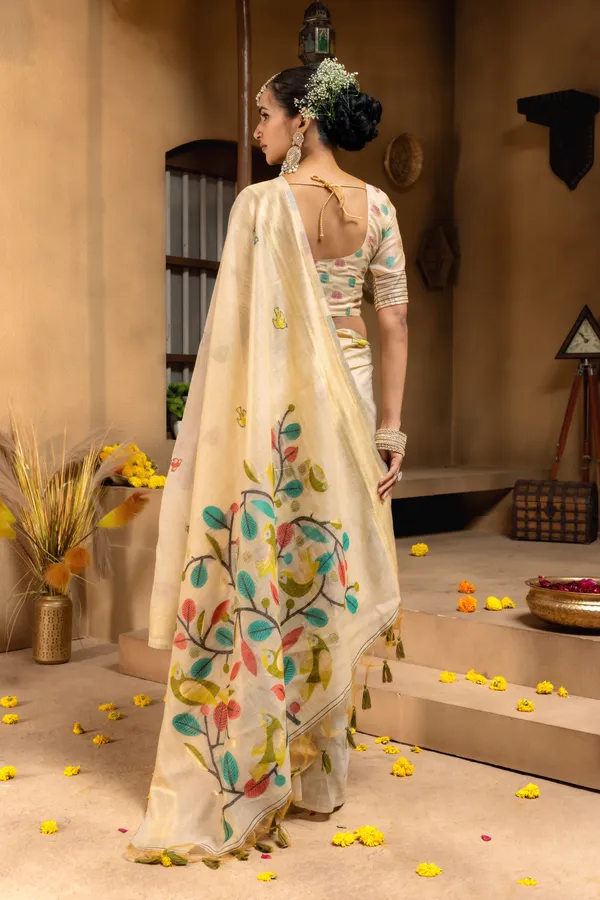 Premium_Soft_Muga_Cotton_sarees_with_Beautiful_Colourfull_Resham_Weaving_Pallu_With_Attractive_Traditional_Zari_Weaving_Border_With_All_Over_Resham_Weaving_Birds_Design_And_Resham_Weaving_Butti_Blouse_With_Fancy_Tassels