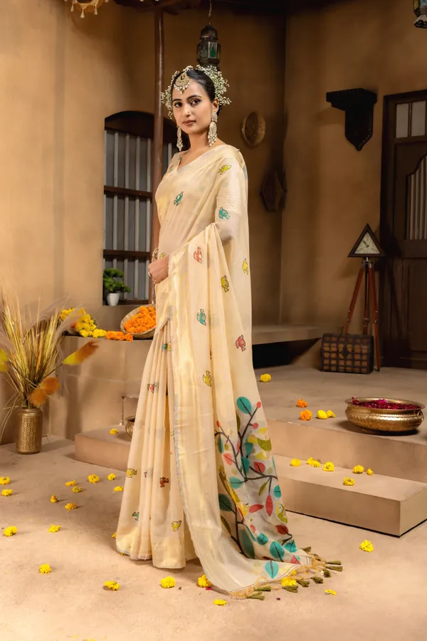 Premium_Soft_Muga_Cotton_sarees_with_Beautiful_Colourfull_Resham_Weaving_Pallu_With_Attractive_Traditional_Zari_Weaving_Border_With_All_Over_Resham_Weaving_Birds_Design_And_Resham_Weaving_Butti_Blouse_With_Fancy_Tassels