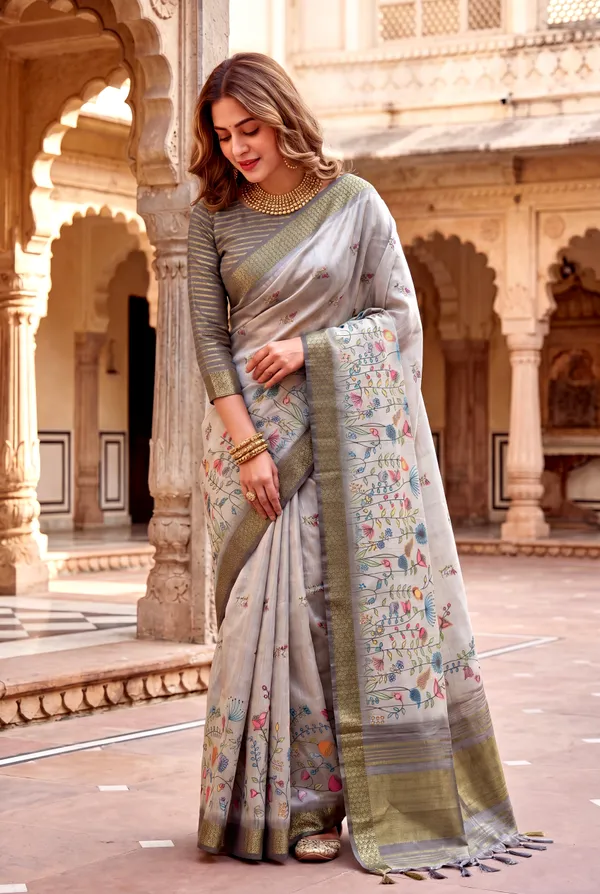 Soft_Tissue_Silk_sarees_with_Beautiful_Digital_Print_With_Attractive_Border_&_Rich_Pallu_With_Sequence_And_Contrast_Print_Blouse_With_Tassels