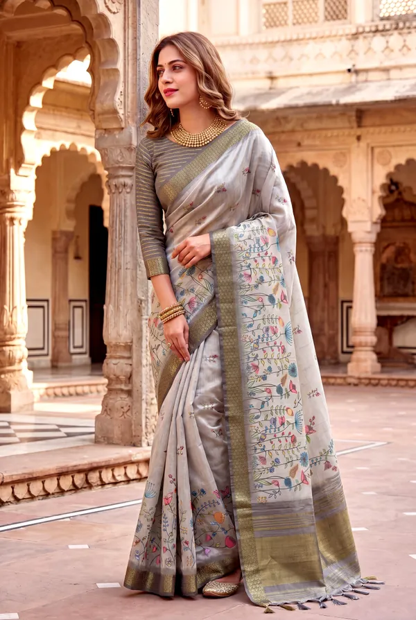 Soft_Tissue_Silk_sarees_with_Beautiful_Digital_Print_With_Attractive_Border_&_Rich_Pallu_With_Sequence_And_Contrast_Print_Blouse_With_Tassels