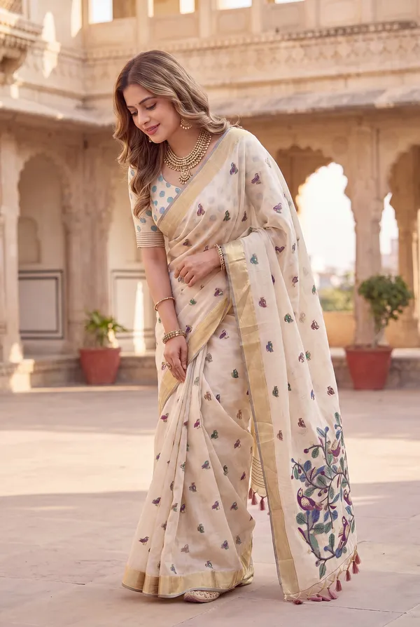 Premium_Soft_Muga_Cotton_sarees_with_Beautiful_?Colourfull_Resham_Weaving_Pallu_With_Attractive_Traditional_Zari_Weaving_Border_With_All_Over_Resham_Weaving_Birds_Design_And_Resham_Weaving_Butti_Blouse_With_Fancy_Tassels