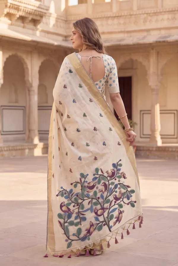 Premium_Soft_Muga_Cotton_sarees_with_Beautiful_?Colourfull_Resham_Weaving_Pallu_With_Attractive_Traditional_Zari_Weaving_Border_With_All_Over_Resham_Weaving_Birds_Design_And_Resham_Weaving_Butti_Blouse_With_Fancy_Tassels