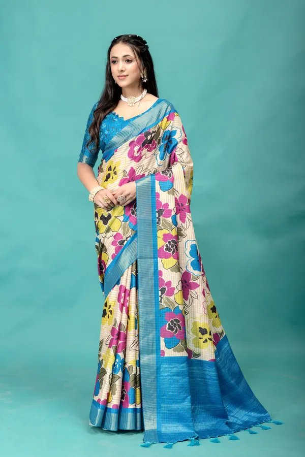 Soft_Tussar_Silk_sarees_with_Beautiful_Style_Of_Floral_Digital_Print_With_Attractive_Border_And_Contrast_Print_Blouse_With_Tassels