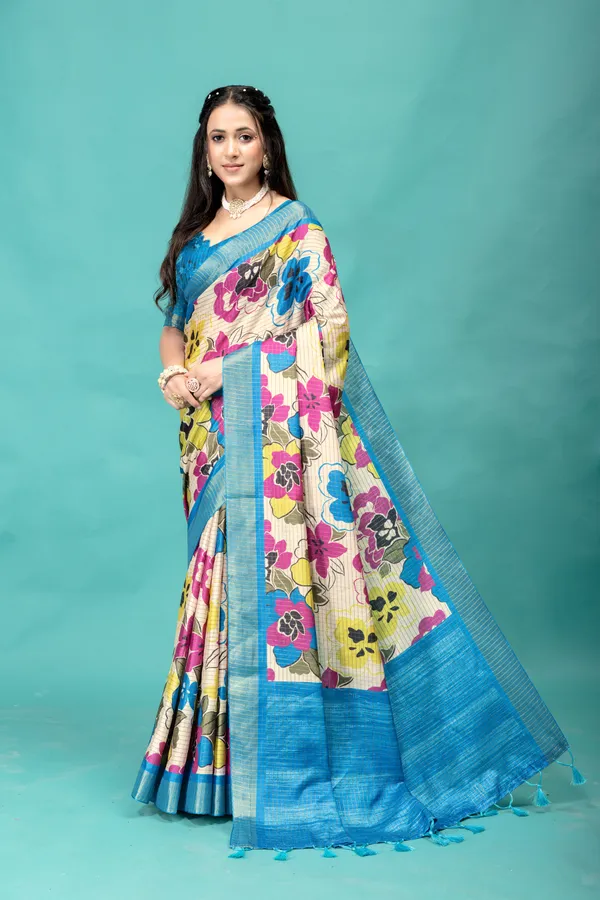 Soft_Tussar_Silk_sarees_with_Beautiful_Style_Of_Floral_Digital_Print_With_Attractive_Border_And_Contrast_Print_Blouse_With_Tassels