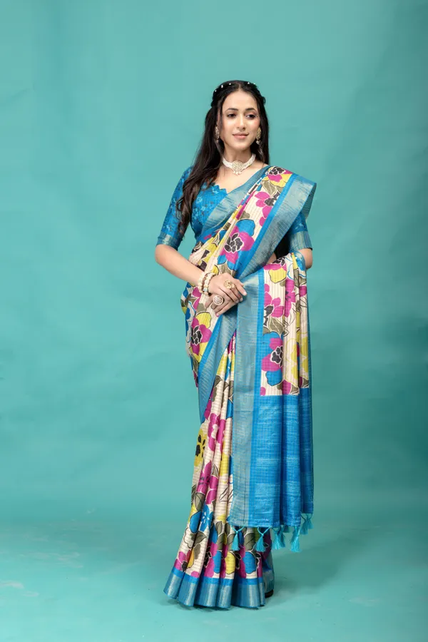 Soft_Tussar_Silk_sarees_with_Beautiful_Style_Of_Floral_Digital_Print_With_Attractive_Border_And_Contrast_Print_Blouse_With_Tassels