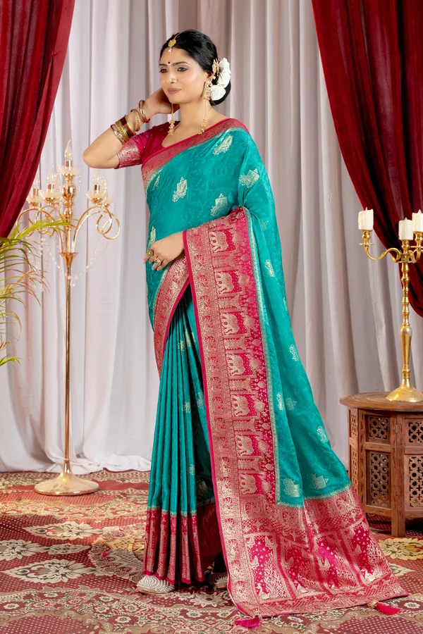 Banarasi_Pure_Satin_Silk_sarees_with_Beautiful_Elephant_in_Contrast_Pink-Rama_Shades_With_Attractive_Weaving_Gold_Zari_Design_And_Contrast_Blouse_With_Tassels