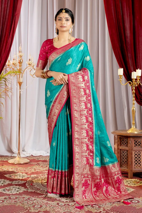 Banarasi_Pure_Satin_Silk_sarees_with_Beautiful_Elephant_in_Contrast_Pink-Rama_Shades_With_Attractive_Weaving_Gold_Zari_Design_And_Contrast_Blouse_With_Tassels
