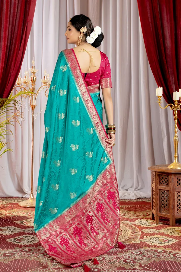 Banarasi_Pure_Satin_Silk_sarees_with_Beautiful_Elephant_in_Contrast_Pink-Rama_Shades_With_Attractive_Weaving_Gold_Zari_Design_And_Contrast_Blouse_With_Tassels