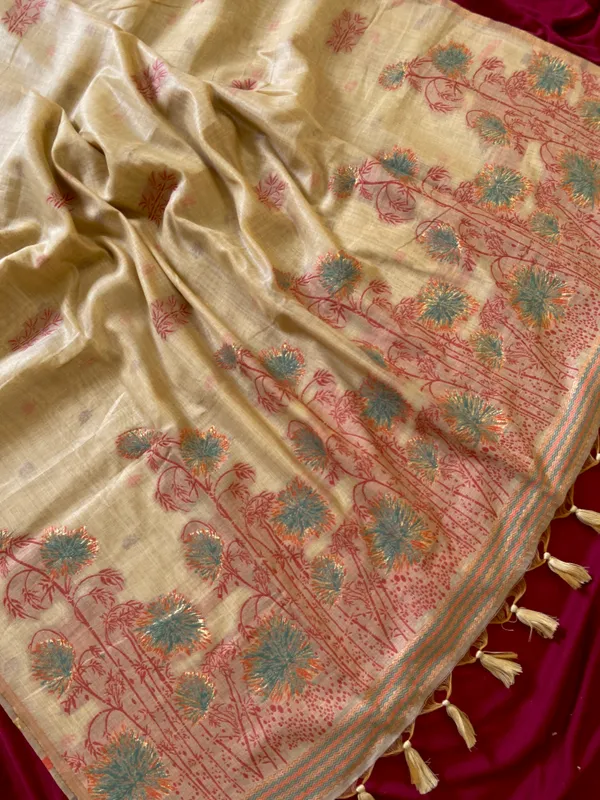 Premium_Soft_Muga_Cotton_sarees_with_Beautiful_?Colourfull_Resham_Weaving__Flower_Design_Pallu_With_Attractive_Traditional_Zari_Weaving__With_All_Over__Resham_Weaving__And_Resham_Weaving_Butti_Blouse_With_Fancy_Tassels