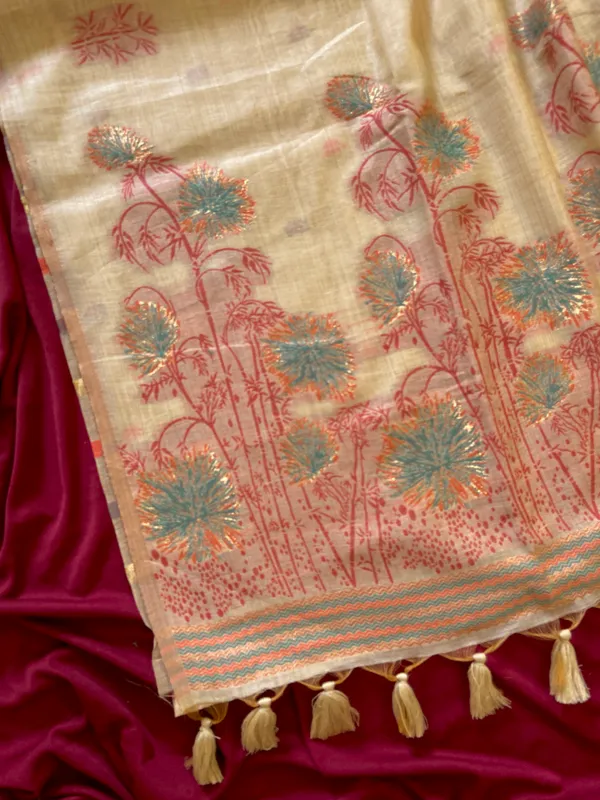 Premium_Soft_Muga_Cotton_sarees_with_Beautiful_?Colourfull_Resham_Weaving__Flower_Design_Pallu_With_Attractive_Traditional_Zari_Weaving__With_All_Over__Resham_Weaving__And_Resham_Weaving_Butti_Blouse_With_Fancy_Tassels