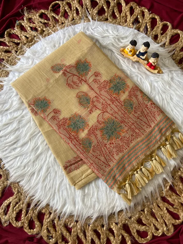 Premium_Soft_Muga_Cotton_sarees_with_Beautiful_?Colourfull_Resham_Weaving__Flower_Design_Pallu_With_Attractive_Traditional_Zari_Weaving__With_All_Over__Resham_Weaving__And_Resham_Weaving_Butti_Blouse_With_Fancy_Tassels
