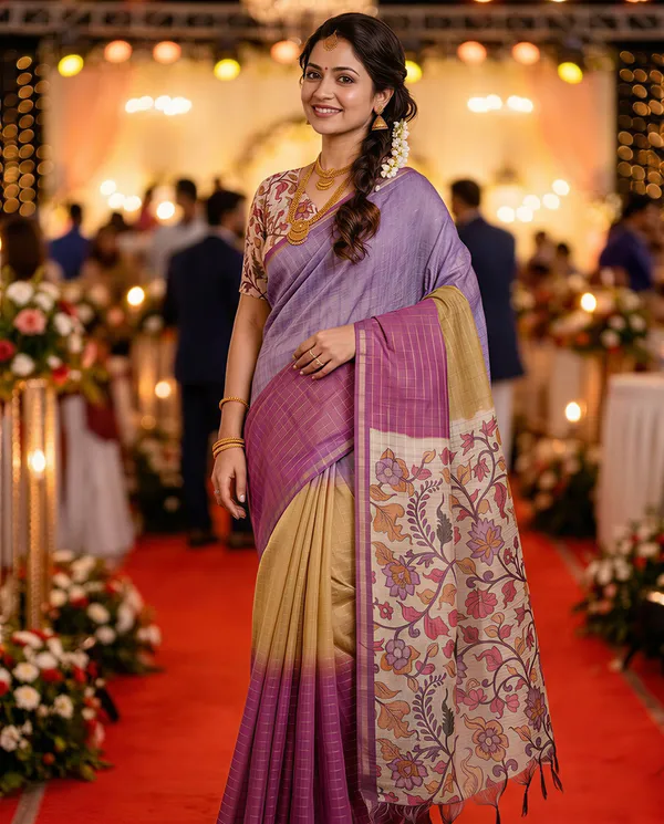 Soft_Semi_Tussar_Silk_sarees_with_Beautiful_Digital_Print_With_Attractive_Border_And_Contrast_Print_Blouse_With_Tassels