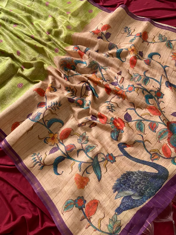 Soft_Tussar_Silk_sarees_with_Beautiful_Style_Of_Kalamkari_Digital_Print_With_Attractive_Border_And_Contrast_Print_Blouse_With_Tassels