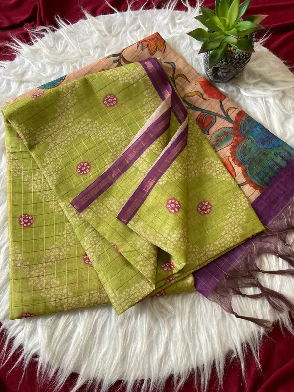 Soft_Tussar_Silk_sarees_with_Beautiful_Style_Of_Kalamkari_Digital_Print_With_Attractive_Border_And_Contrast_Print_Blouse_With_Tassels