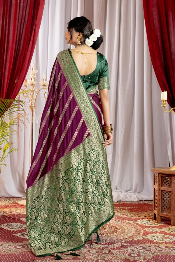 Banarasi_Pure_Satin_Silk_sarees_with_Beautiful_Elephant_in_Contrast_Green-Wine_Shades_With_Attractive_Weaving_Gold_Zari_Design_And_Contrast_Blouse_With_Tassels