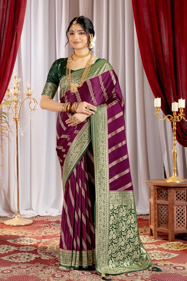 Banarasi_Pure_Satin_Silk_sarees_with_Beautiful_Elephant_in_Contrast_Green-Wine_Shades_With_Attractive_Weaving_Gold_Zari_Design_And_Contrast_Blouse_With_Tassels