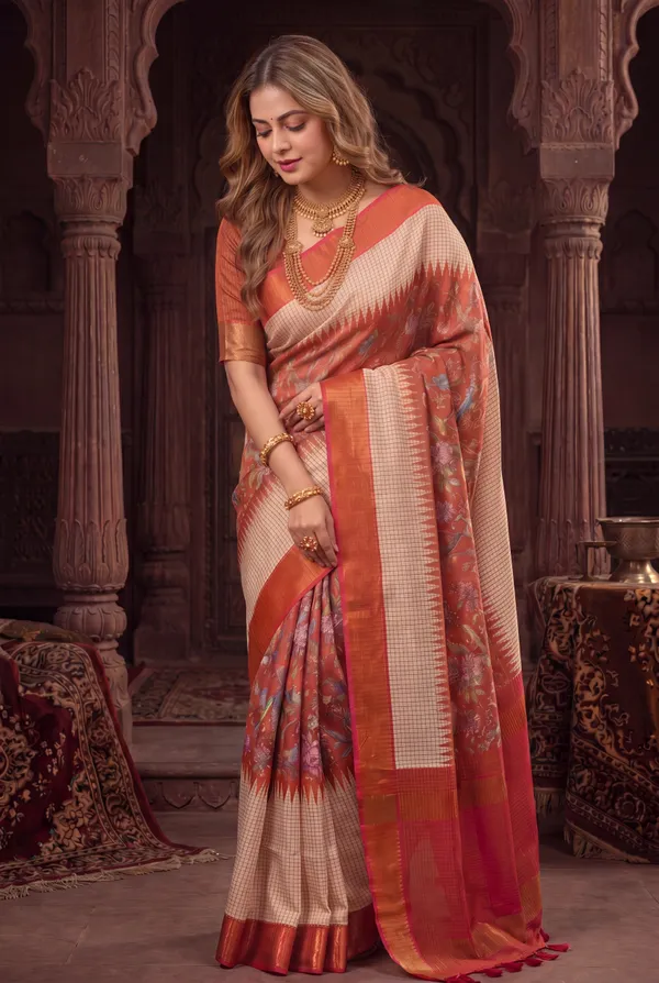 Soft_Tussar_Silk_sarees_with_Beautiful_Digital_Print_With_Attractive_Checks_Design_Saree_And_Digital_Print_Blouse_With_Tassels