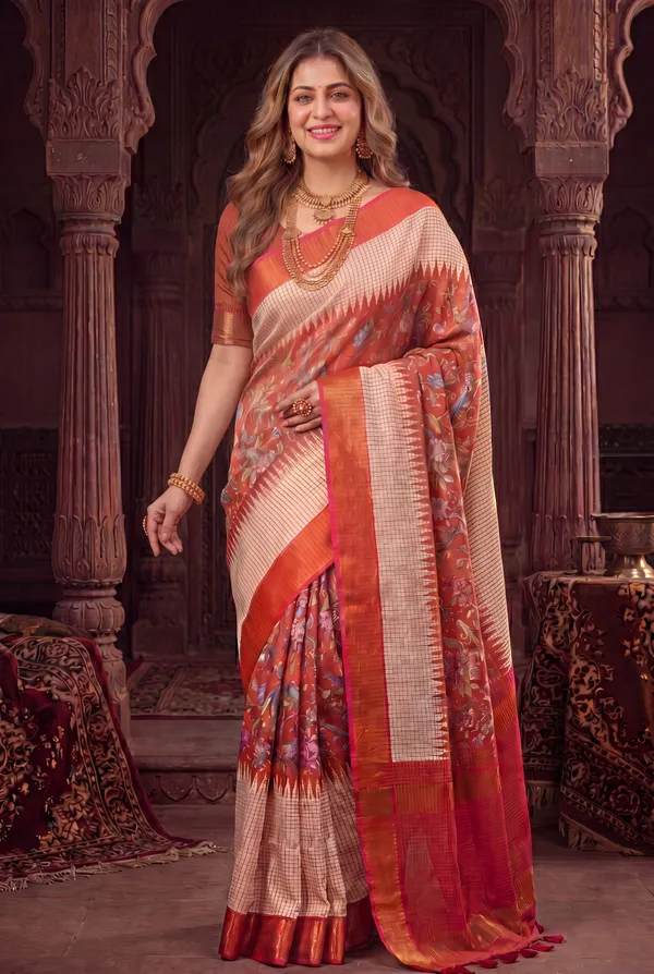 Soft_Tussar_Silk_sarees_with_Beautiful_Digital_Print_With_Attractive_Checks_Design_Saree_And_Digital_Print_Blouse_With_Tassels