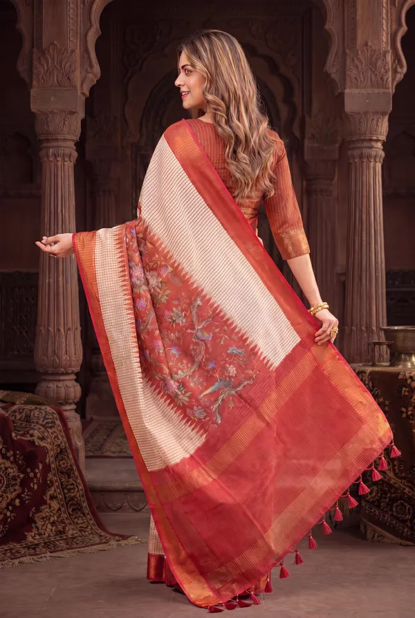 Soft_Tussar_Silk_sarees_with_Beautiful_Digital_Print_With_Attractive_Checks_Design_Saree_And_Digital_Print_Blouse_With_Tassels