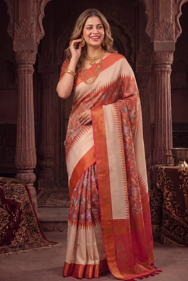 Soft_Tussar_Silk_sarees_with_Beautiful_Digital_Print_With_Attractive_Checks_Design_Saree_And_Digital_Print_Blouse_With_Tassels