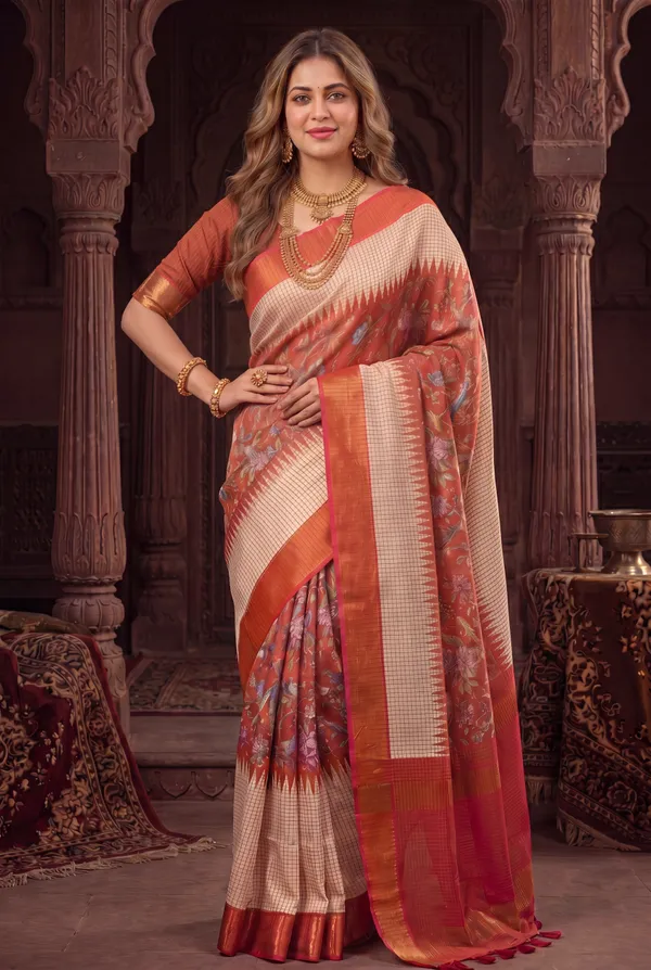 Soft_Tussar_Silk_sarees_with_Beautiful_Digital_Print_With_Attractive_Checks_Design_Saree_And_Digital_Print_Blouse_With_Tassels