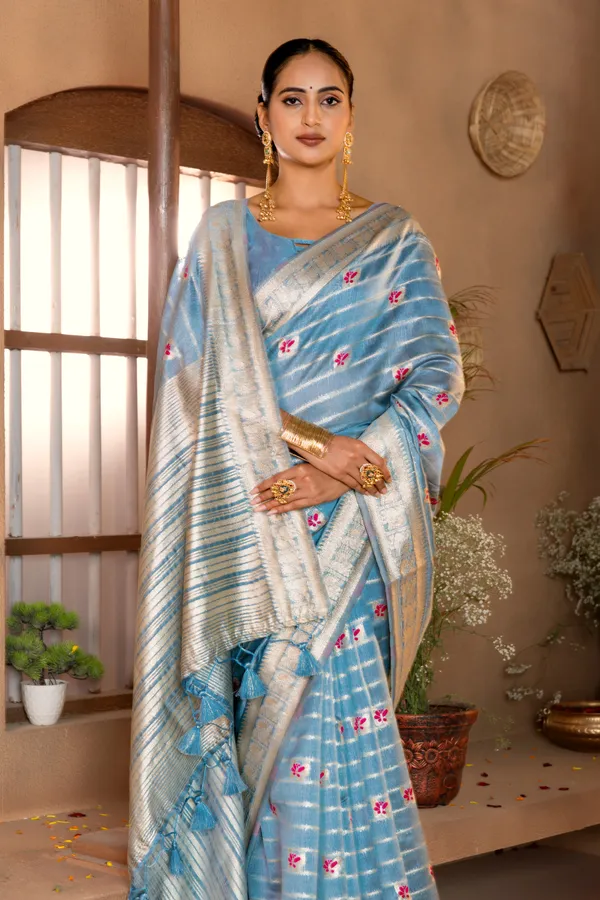 Premium_Soft_Khadi_Linen_sarees_with_Beautiful_Design_Weaving__Pallu_With_Attractive_Traditional_Zari_Weaving__Border_With_All_Over_Butterfly_Weaving__Design_And_Weaving__Blouse_With_Fancy_Tassels