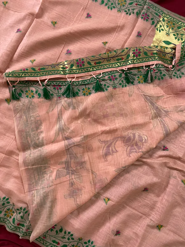 Premium_Soft_Muga_Cotton_Paithani_sarees_with_Beautiful_Colourfull_3D_Woven_Zari_Deer_Design_Pallu_With_Attractive_All_Over_Resham_Weaving_Butti_Design_With_Zari_Weaving_Border_And_Resham_Weaving_Border_Blouse_With_Fancy_Tassels