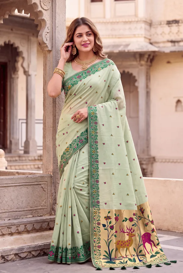 Premium_Soft_Muga_Cotton_Paithani_sarees_with_Beautiful_Colourfull_3D_Woven_Zari_Deer_Design_Pallu_With_Attractive_All_Over_Resham_Weaving_Butti_Design_With_Zari_Weaving_Border_And_Resham_Weaving_Border_Blouse_With_Fancy_Tassels