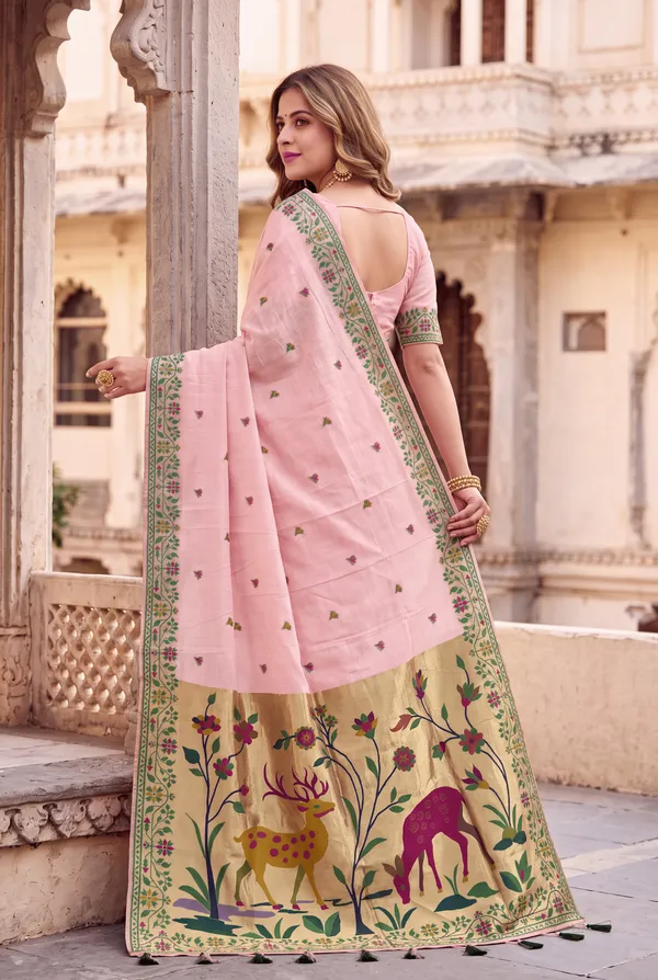 Premium_Soft_Muga_Cotton_Paithani_sarees_with_Beautiful_Colourfull_3D_Woven_Zari_Deer_Design_Pallu_With_Attractive_All_Over_Resham_Weaving_Butti_Design_With_Zari_Weaving_Border_And_Resham_Weaving_Border_Blouse_With_Fancy_Tassels